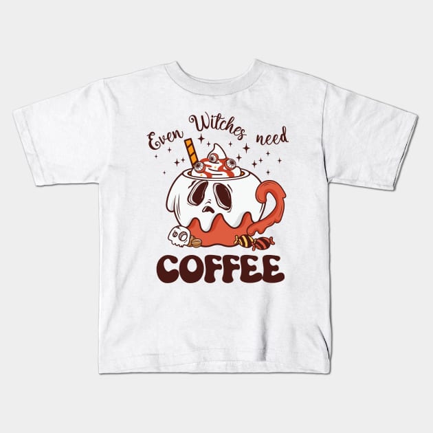 Even Witches Need Coffee Kids T-Shirt by ARTGUMY